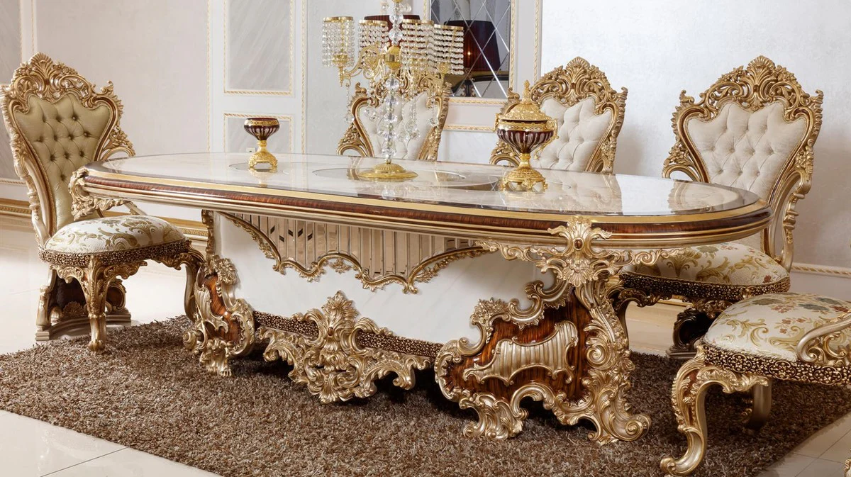 Luxus Barock Esszimmer Set Weiß / Braun / Gold - 1 Barock Esstisch & 6 Barock Esszimmerstühle - Barock Esszimmer Möbel - Luxus Möbel im Barockstil - Edel & Prunkvoll - Luxus Qualität