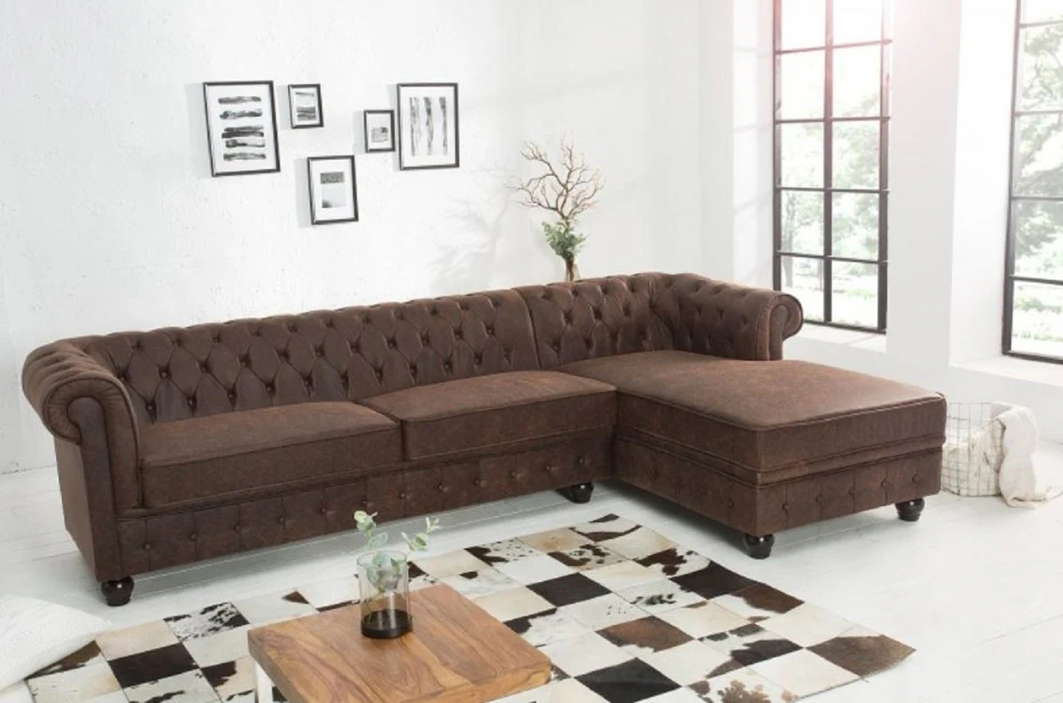 Chesterfield Ecksofa Vintage Braun 280 x 165 x H. 73 cm - Kunstleder Wohnzimmer Sofa - Chesterfield Möbel