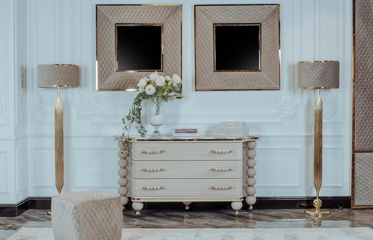 Luxus Art Deco Kommode Grau / Weiß / Gold 170 x 50 x H. 89 cm - Prunkvolle Kommode mit 3 Schubladen und Kunstmarmor Platte - Art Deco Schlafzimmer & Hotel Möbel - Luxus Kollektion