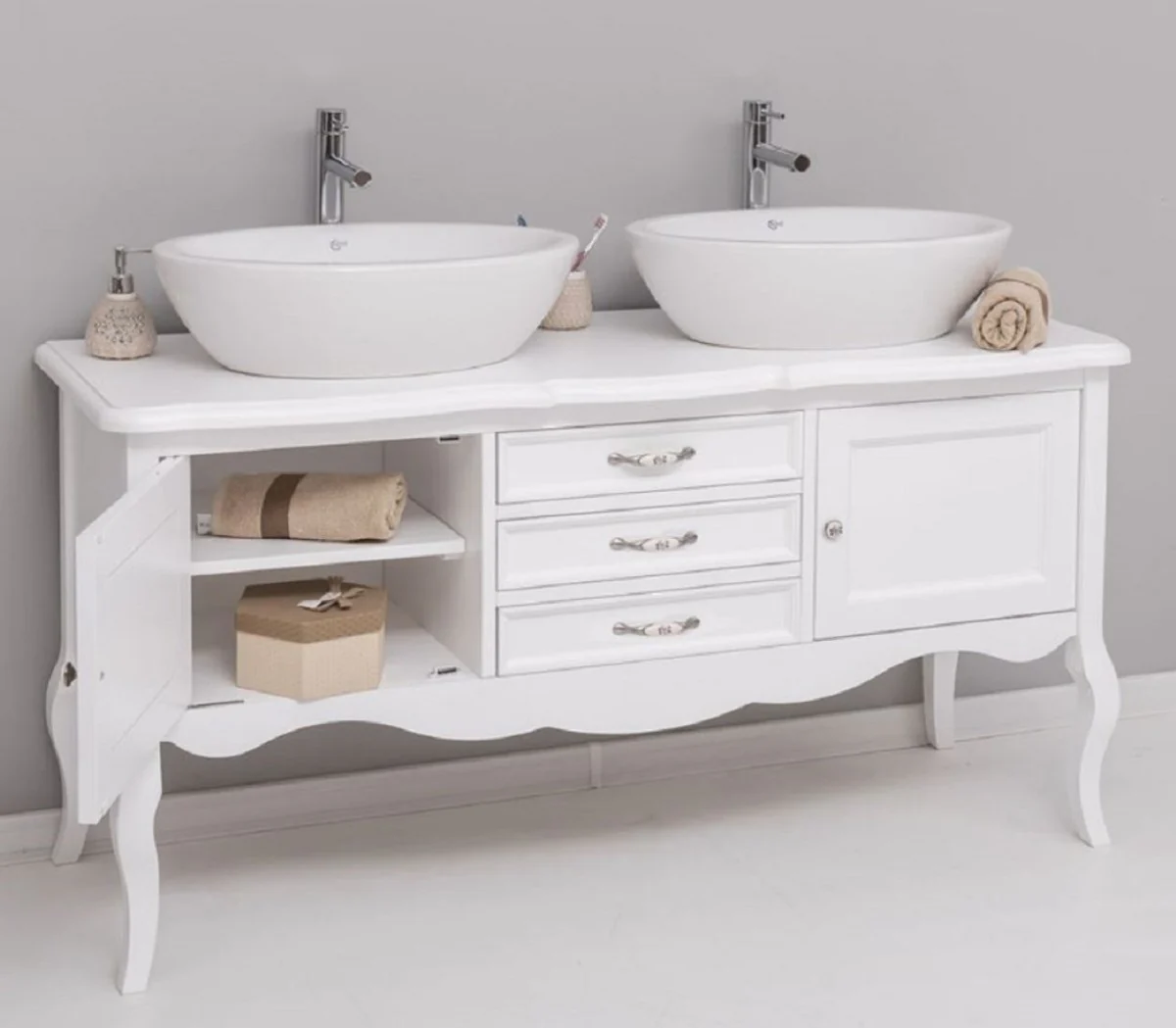 Landhausstil Massivholz Doppel Waschtisch Weiß 150 cm - Landhausstil Badezimmer Möbel