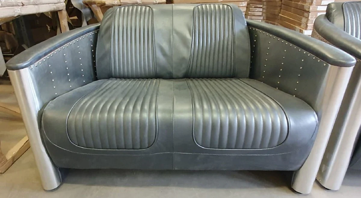 Luxus Art Deco Leder Sofa Grau / Silber 172 x 70 x H. 82 cm - Aluminium Wohnzimmer Sofa mit Echtleder - Aluminium Flugzeug Flieger Sofa Möbel