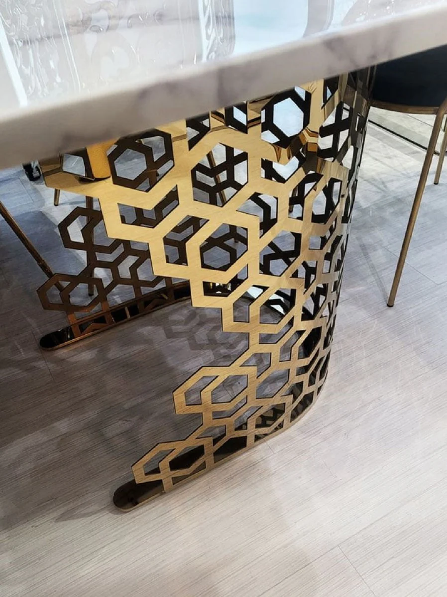 Luxus Esstisch Weiß / Gold 200 x 100 x H. 76 cm - Esszimmer Tisch mit Kunstmarmor Tischplatte - Esszimmer Möbel - Luxus Möbel - Luxus Einrichtung