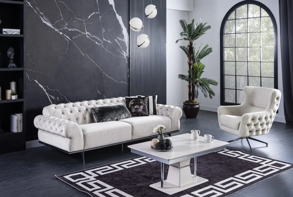 Luxus Art Deco Couchtisch Weiß / Grau / Silber 102 x 70 x H. 47 cm - Rechteckiger Wohnzimmertisch - Luxus Wohnzimmer Möbel