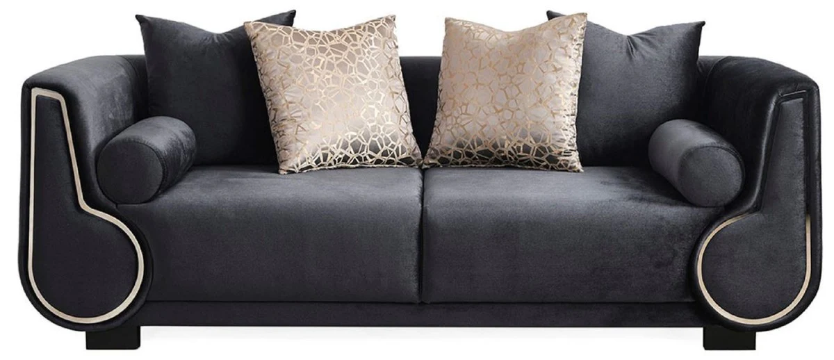Luxus 3er Sofa Schwarz / Silber - Elegantes Wohnzimmer Sofa - Luxus Wohnzimmer Möbel - Luxus Kollektion