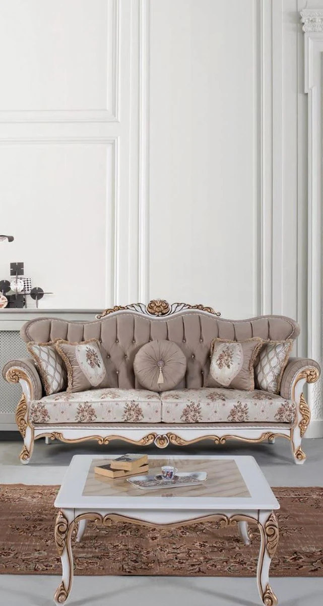 Luxus Barock Couchtisch Beige / Weiß / Bronze 89 x 65 x H. 45 cm - Massivholz Wohnzimmertisch im Barockstil - Barock Wohnzimmer Möbel