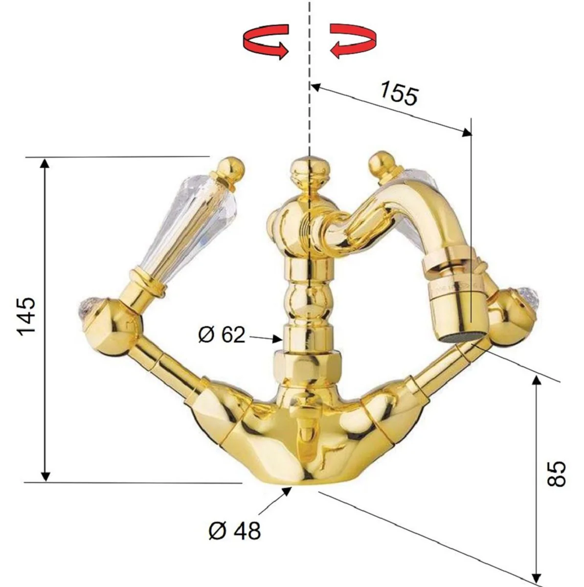 Luxus Jugendstil Waschtisch Armatur mit Swarovski Kristallglas Gold H. 14,5 cm - Nostalgisches Bad Zubehör - Luxus Qualität - Made in Italy