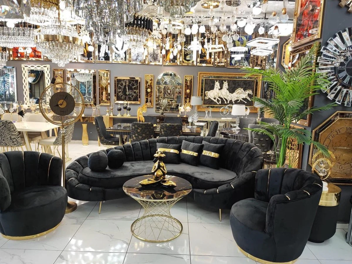 Luxus Sofa Schwarz / Gold 250 x 70 x H. 80 cm - Wohnzimmer Sofa - Hotel Sofa - Wohnzimmer Möbel - Hotel Möbel - Luxus Möbel - Wohnzimmer Einrichtung - Luxus Einrichtung