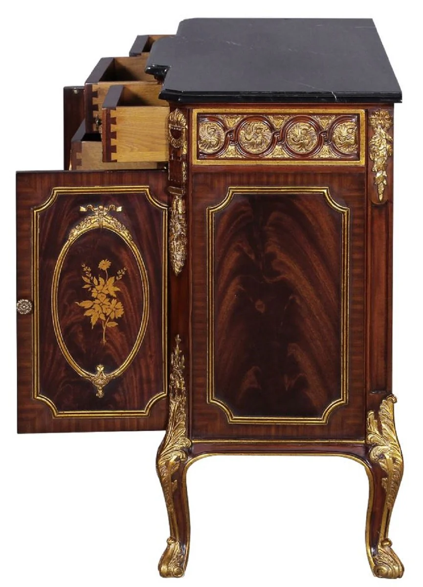 Luxus Barock Massivholz Kommode mit Marmorplatte Dunkelbraun / Gold / Schwarz - Prunkvolle Barock Möbel