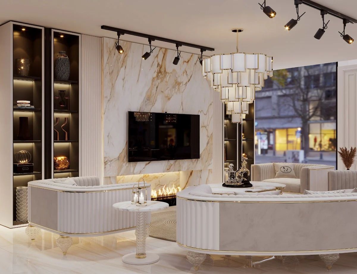 Luxus Art Deco 4er Sofa Grau / Weiß / Gold 400 cm