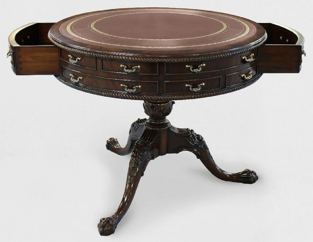 Luxus Barock Beistelltisch Braun / Gold Ø 91 x H. 76 cm - Runder Mahagoni Tisch mit 14 Schubladen und Echtleder - Barock Mahagoni Möbel