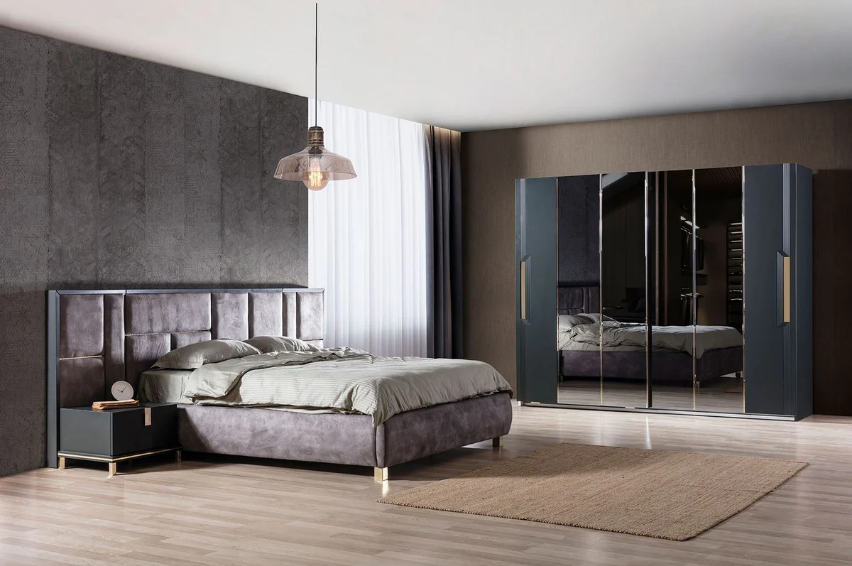 Luxus Massivholz Schlafzimmer Set Lila / Schwarz / Gold - 1 Doppelbett mit Kopfteil & 2 Nachttische - Luxus Schlafzimmer Möbel