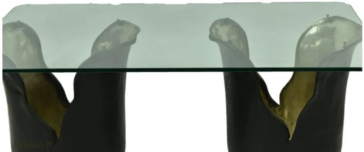 Designer Couchtisch Schwarz / Gold 120 x 75 x H. 53 cm - Wohnzimmertisch mit Glasplatte - Designermöbel