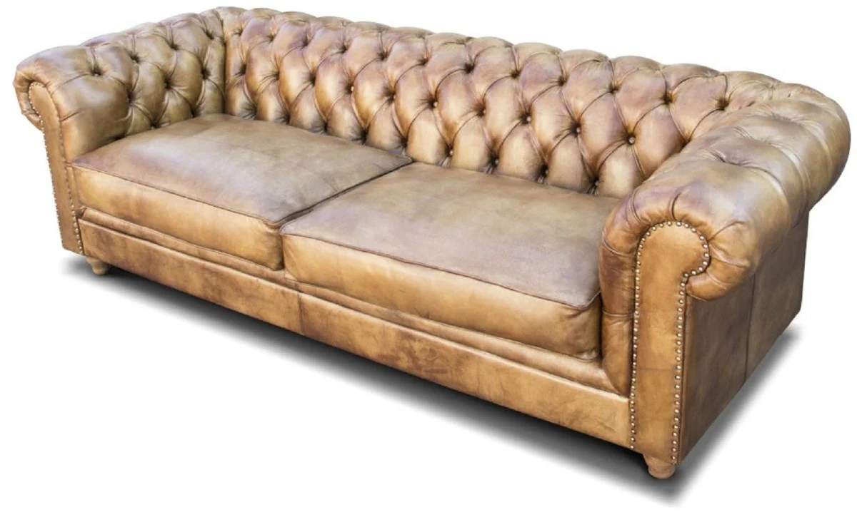 Luxus Chesterfield Leder Sofa Vintage Hellbraun 240 x 100 x H. 80 cm - Echtleder Wohnzimmer Sofa - Wohnzimmer Möbel - Chesterfield Möbel - Luxus Möbel - Luxus Wohnzimmer Einrichtung
