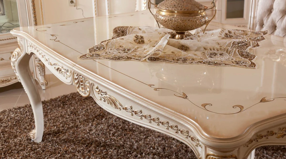 Luxus Barock Esstisch Weiß / Beige / Gold - Rechteckiger Barockstil Küchentisch - Luxus Esszimmer Möbel im Barockstil - Barock Esszimmer Möbel - Barock Einrichtung