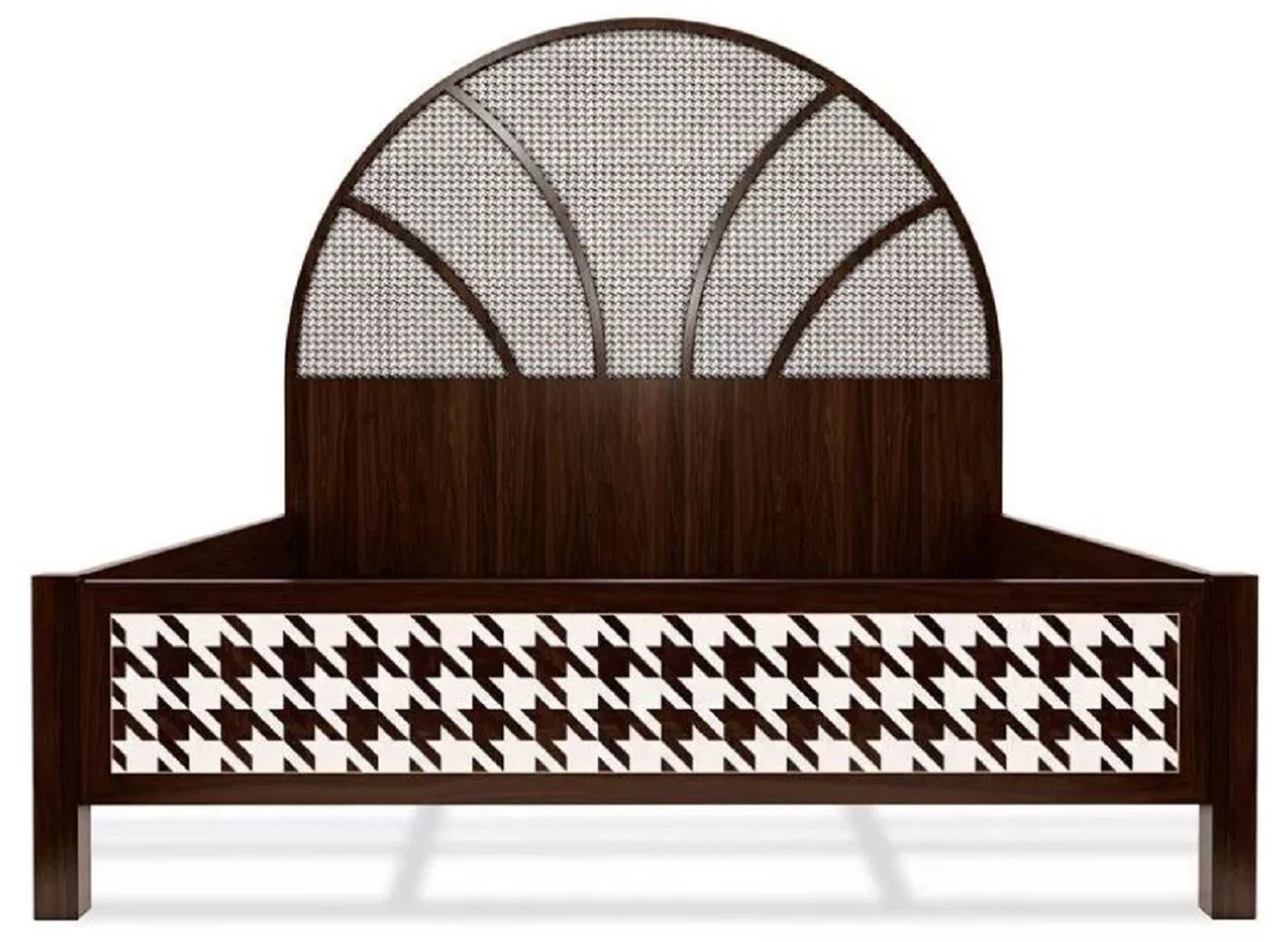 Luxus Art Deco Doppelbett Dunkelbraun / Weiß 214 x 191 x H. 180 cm - Massivholz Bett - Schlafzimmer Möbel - Hotel Möbel - Art Deco Möbel - Luxus Möbel