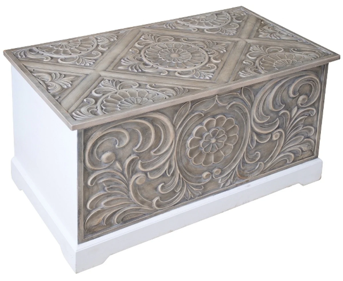 Landhausstil Truhe Weiß / Braun 79 x 42 x H. 46 cm - Handgefertigte Landhausstil Holztruhe