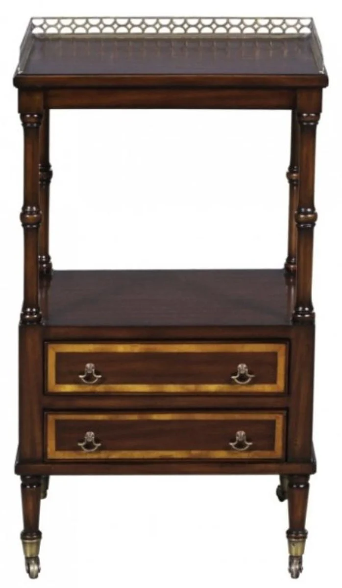 Luxus Jugendstil Beistelltisch mit 2 Schubladen Dunkelbraun / Gold 42 x 33 x H. 74 cm - Telefontisch mit Rollen
