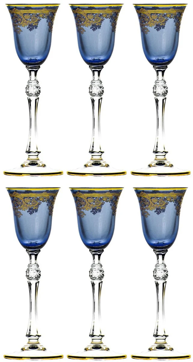 Luxus Barock Likörglas 6er Set Blau / Gold Ø 6,5 x H. 18,5 cm - Handgefertigte und handbemalte Likörgläser - Hotel & Restaurant Accessoires - Luxus Qualität