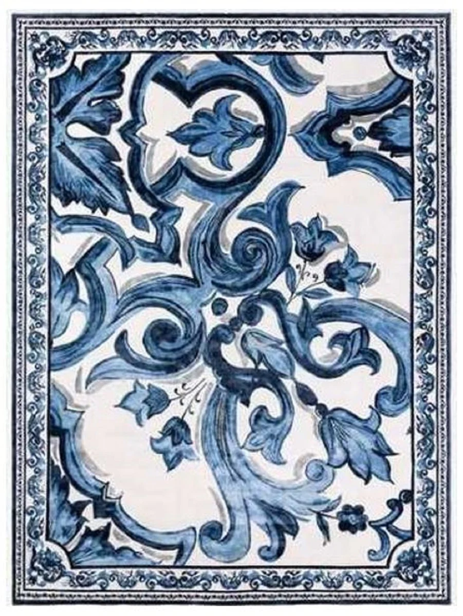 Luxus Barock Wohnzimmer Wollteppich Weiß / Blau - Verschiedene Größen
