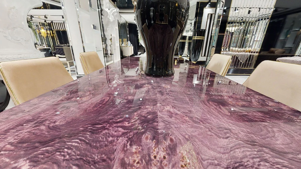 Luxus Art Deco Esstisch Lila / Beige / Gold - Handgefertigter Massivholz Küchentisch mit Tischplatte in Marmoroptik - Art Deco Esszimmer Möbel