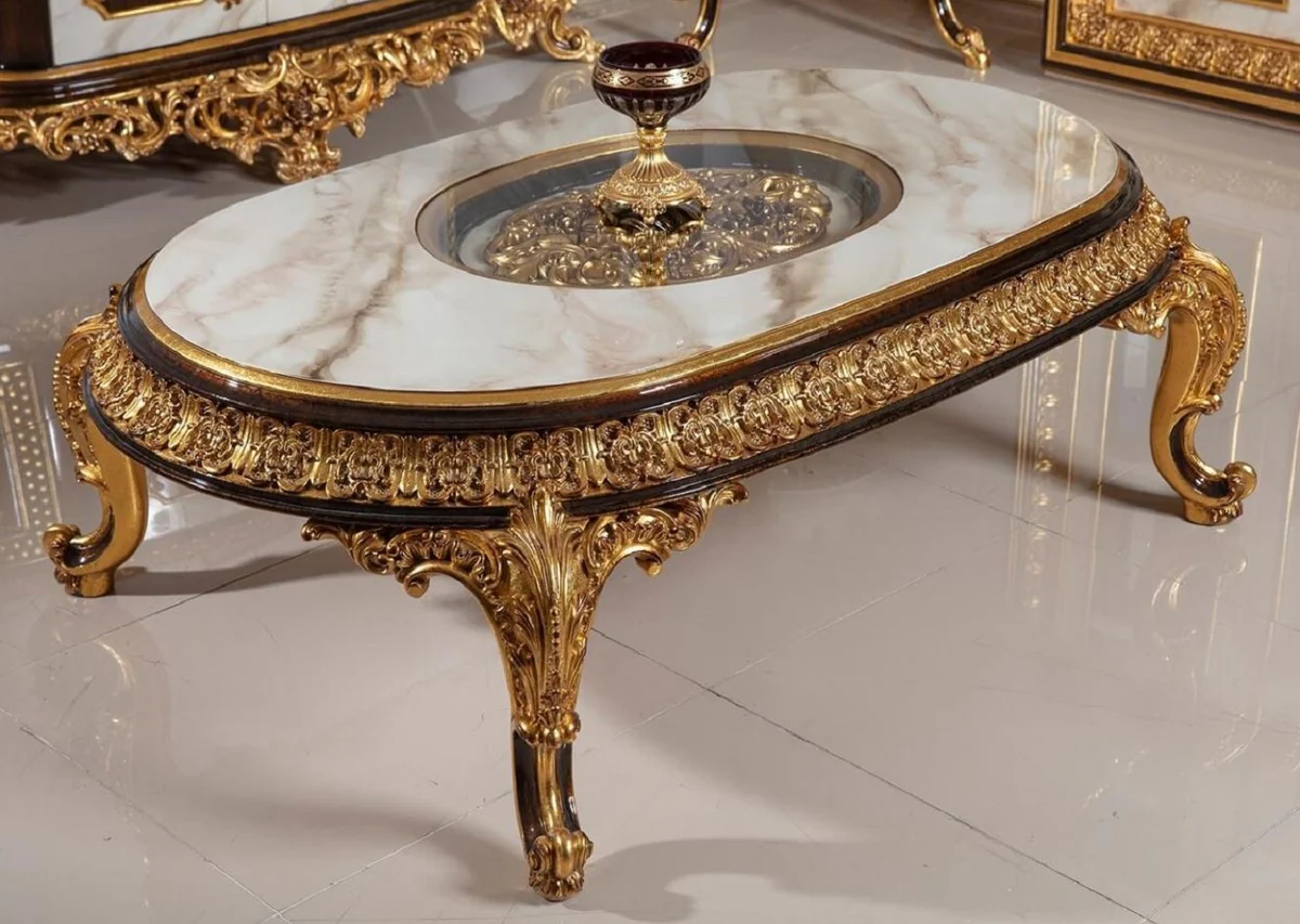 Luxus Barock Couchtisch mit Glasplatte Weiß / Dunkelbraun / Gold - Prunkvoller Massivholz Wohnzimmertisch im Barockstil - Barock Wohnzimmer Möbel - Edel & Prunkvoll