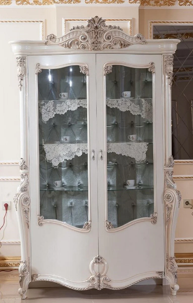Luxus Barock Vitrine Creme / Weiß / Silber H. 220 cm