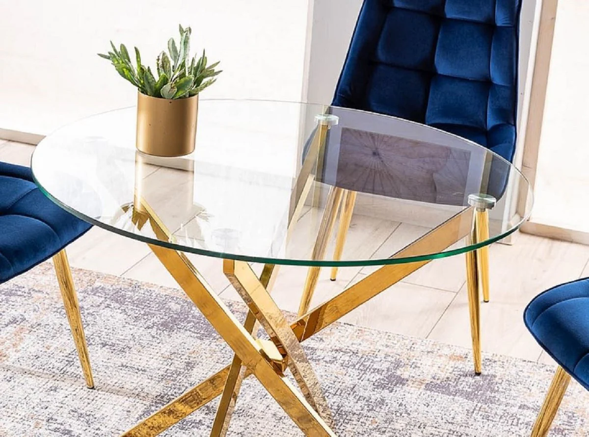 Luxus Esstisch Gold Ø 90 x H. 71 cm - Runder Esszimmertisch mit gehärteter Glasplatte - Esszimmer Möbel - Küchen Möbel