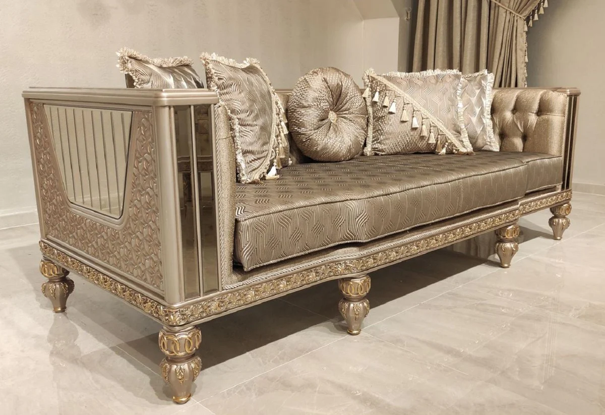 Luxus Barock Sofa Gold / Grau / Gold - Prunkvolles Wohnzimmer Sofa - Barockstil Wohnzimmer Möbel - Luxus Möbel im Barockstil - Barock Einrichtung - Edel & Prunkvoll