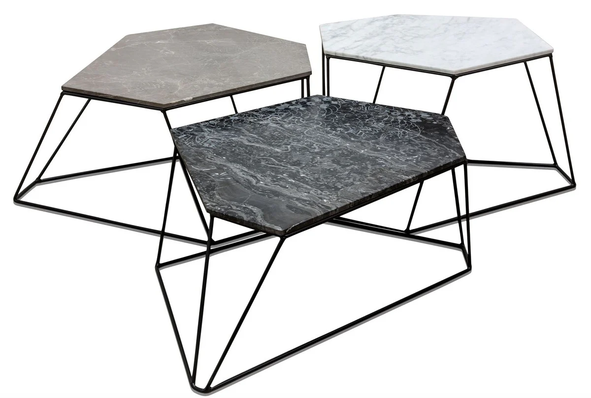 Designer Couchtisch Set Weiß / Grau / Schwarz mit Muster - Luxus Wohnzimmermöbel