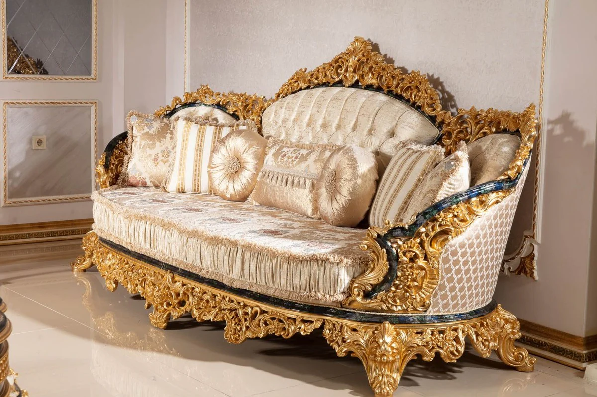 Luxus Barock Wohnzimmer Set Gold / Weiß / Blau / Gold - 2 Sofas & 2 Sessel & 1 Couchtisch & 2 Beistelltische - Handgefertigte Wohnzimmer Möbel im Barockstil - Edel & Prunkvoll