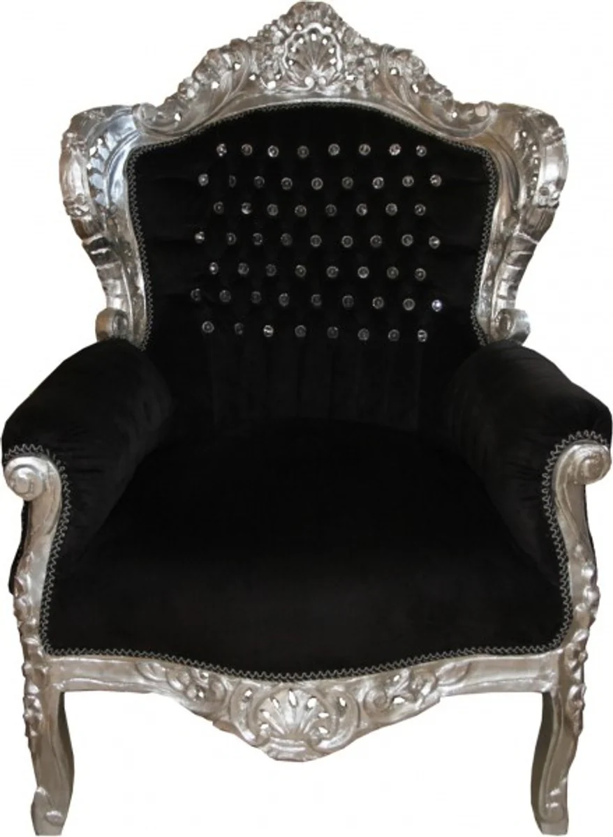Barock Sessel King Schwarz / Silber mit Bling Bling Glitzersteinen 85 x 85 x H. 120 cm