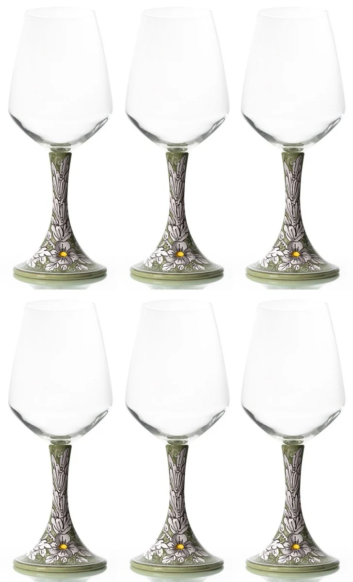 Luxus Keramik Weinglas 6er Set Olivgrün / Mehrfarbig H. 23,5 cm - Handgefertigte & handbemalte Weingläser - Hotel & Restaurant Accessoires - Luxus Qualität - Made in Italy