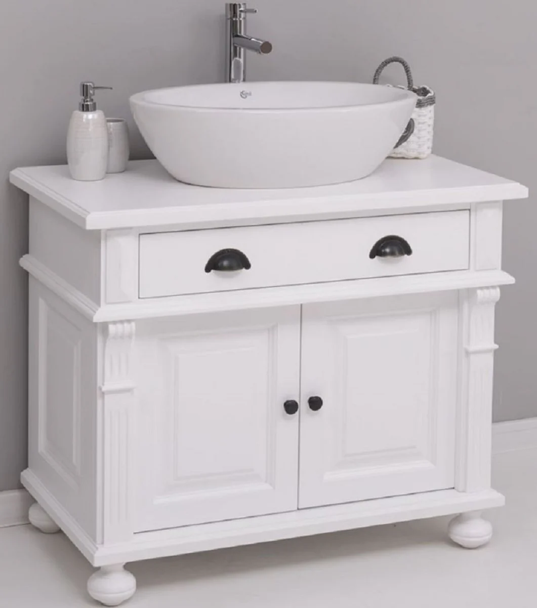 Landhausstil Badezimmer Set Weiß - 1 Waschbeckenschrank & 1 Ovales Keramik Waschbecken - Badezimmer Möbel im Landhausstil - Landhausstil Möbel - Landhausstil Badezimmer Einrichtung