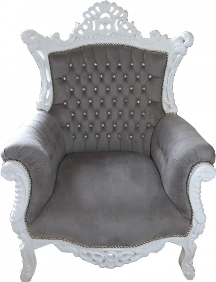 Barock Sessel Al Capone Grau / Weiß mit Glitzersteinen