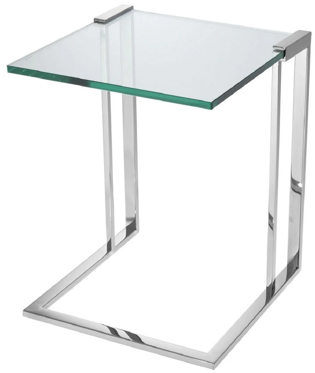 Luxus Beistelltisch Silber 45 x 45,5 x H. 56,5 cm - Edelstahl Tisch mit Glasplatte - Luxus Wohnzimmer Möbel