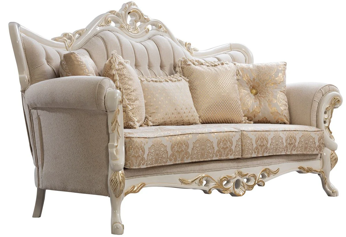 Luxus Barock Sofa Weiß / Gold - Barockstil Wohnzimmer Sofa mit elegantem Muster - Luxus Wohnzimmer Möbel im Barockstil - Barock Möbel - Barock Einrichtung
