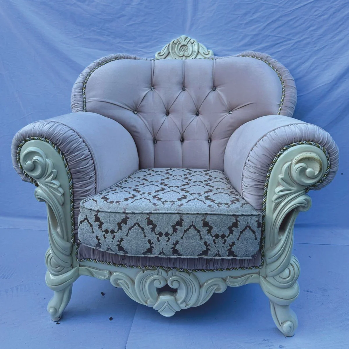 Luxus Barock Sessel mit Glitzersteinen Rosa / Weiß - Barock Möbel