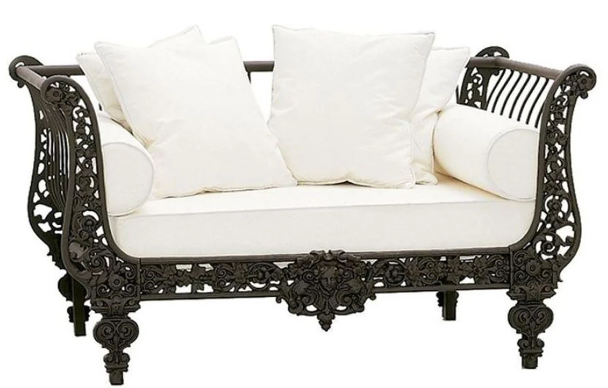 Luxus Barock Sofa Dunkelbraun / Weiß 137 x 87 x H. 77 cm - Handgeschmiedetes Schmiedeeisen Sofa mit Kissen - Wohnzimmer Sofa - Garten Sofa - Terrassen Sofa - Barock Möbel