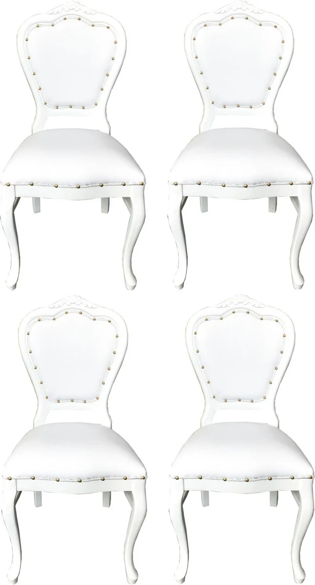 Luxus Barock Esszimmer Set Weiß / Weiß 45 x 47 x H. 99 cm - 4 handgefertigte Esszimmerstühle mit Kunstleder - Barock Esszimmermöbel