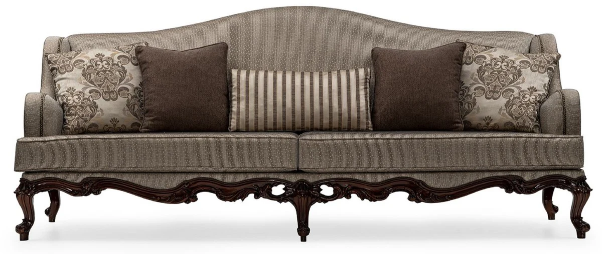 Luxus Barock Wohnzimmer Sofa Silber / Braun - Handgefertigtes Barockstil Sofa mit dekorativen Kissen - Luxus Wohnzimmer Möbel im Barockstil - Barock Möbel - Edel & Prunkvoll