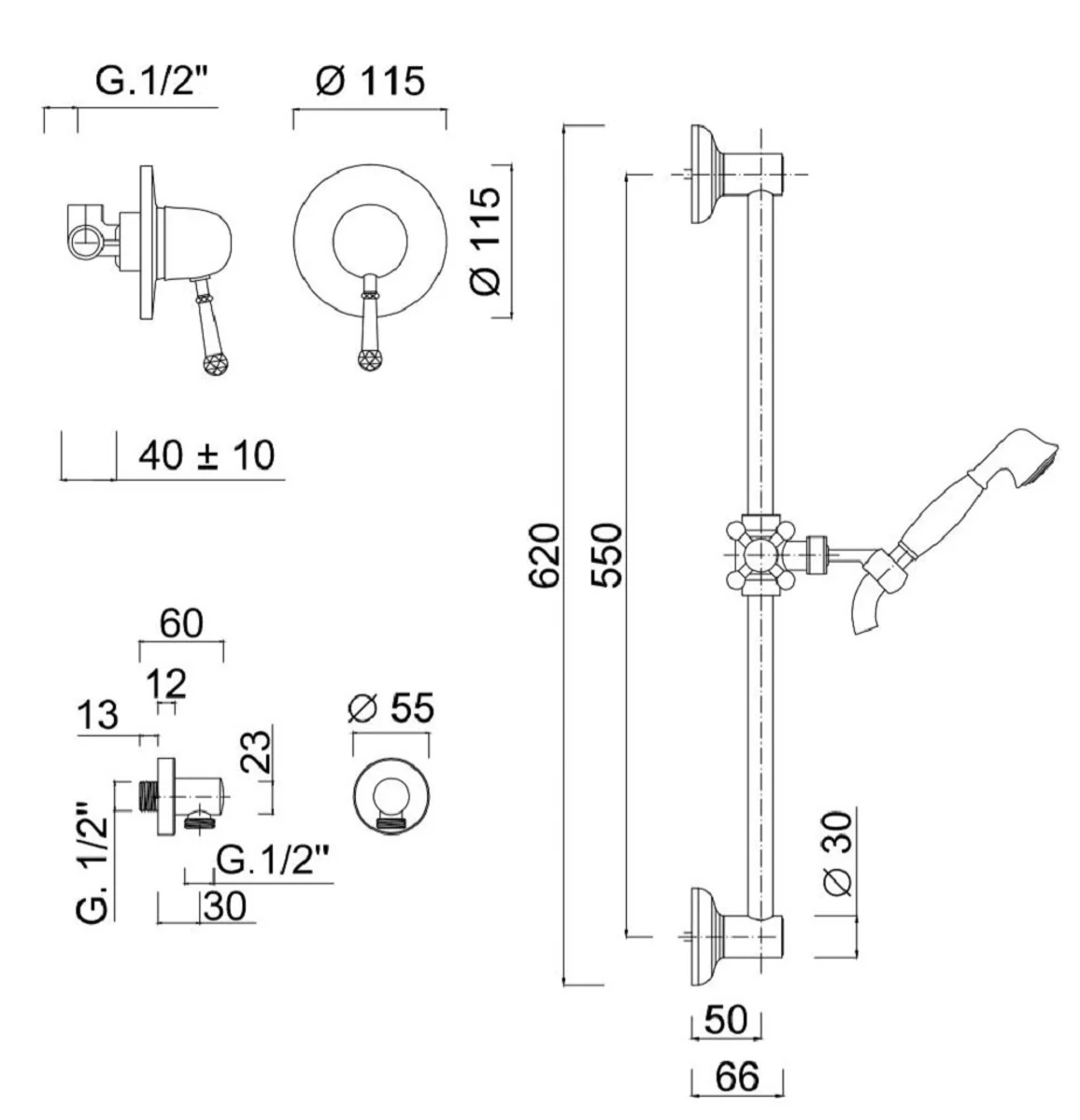 Luxus Duscharmaturen Set mit Swarovski Kristallglas Silber - Brauseset - Einhelbelmischer mit Brausestange und Handbrause - Badezimmer Duschgarnitur