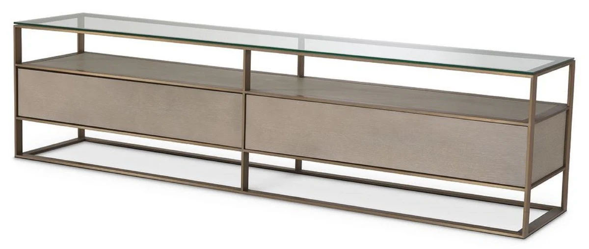 Luxus Fernsehschrank 220 x 46 x H. 56,5 cm - Sideboard mit Glasplatte und 2 Schubladen - Luxus Wohnzimmer Möbel