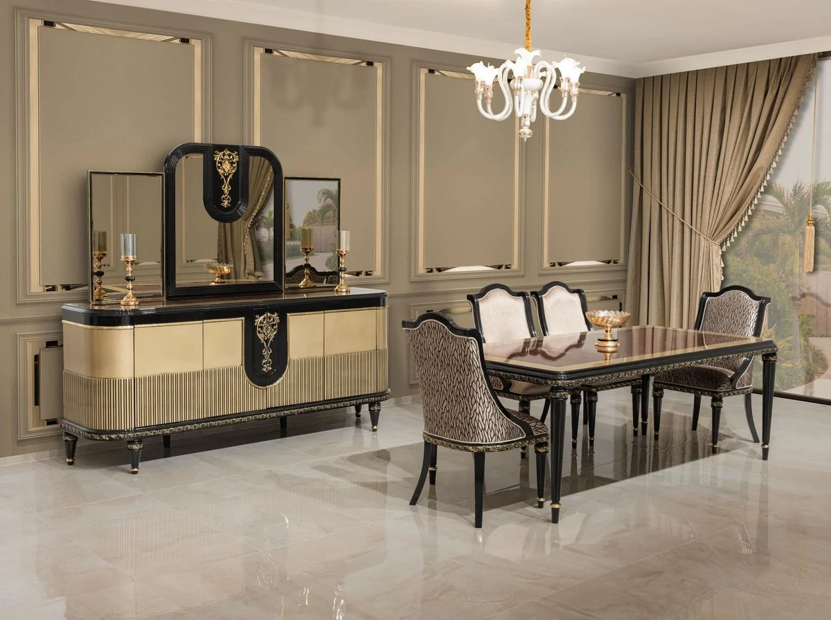 Luxus Barock Esszimmer Stuhl 6er Set Silber / Schwarz / Gold - Prunkvolle Barockstil Küchen Stühle - Luxus Barockstil Esszimmer Möbel - Barock Esszimmer Möbel - Barockstil Möbel