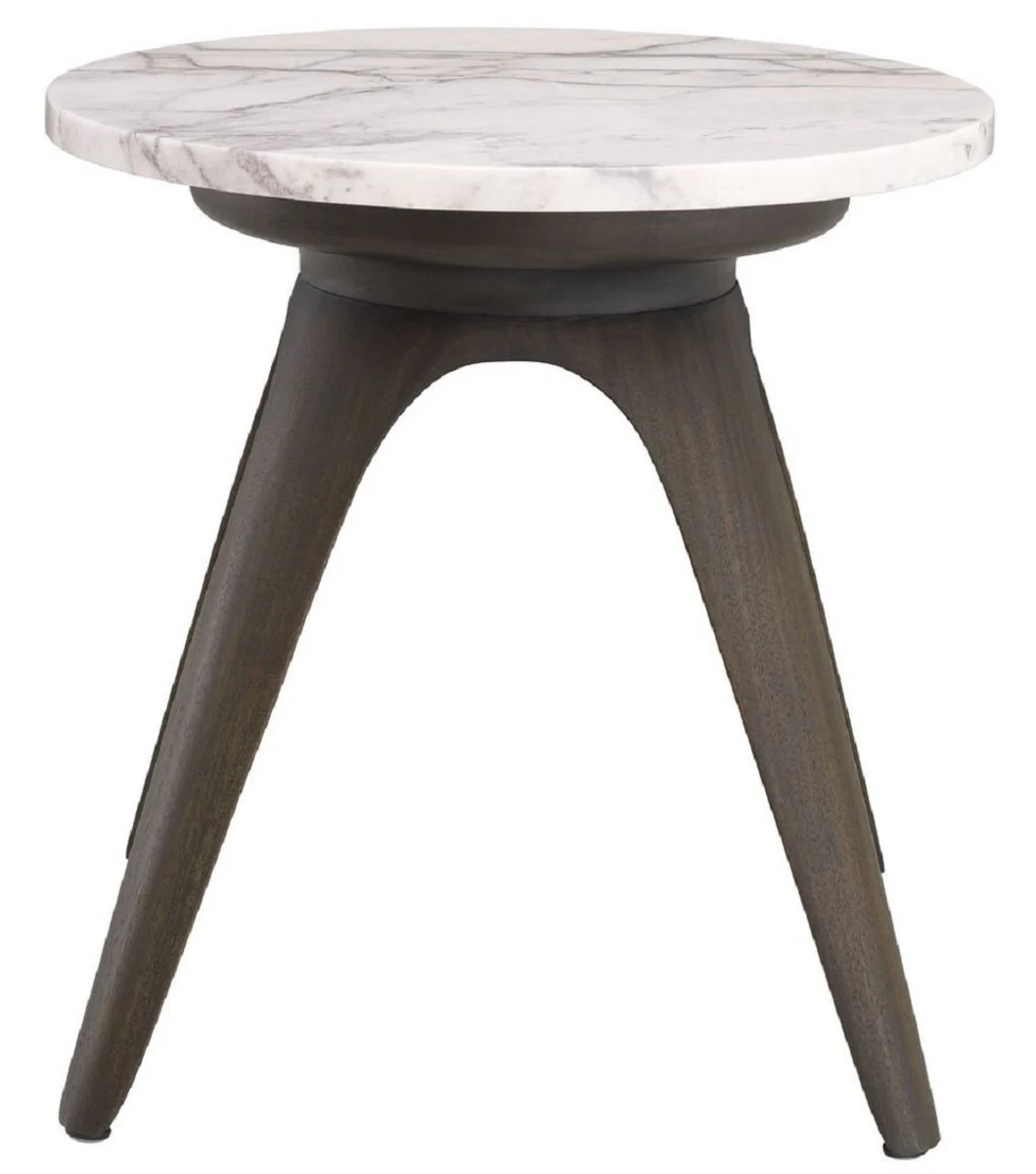 Luxus Beistelltisch Mokka / Weiß-Flieder Ø 40 x H. 41 cm - Runder Mahagoni Tisch mit Marmorplatte - Wohnzimmer Möbel - Luxus Möbel