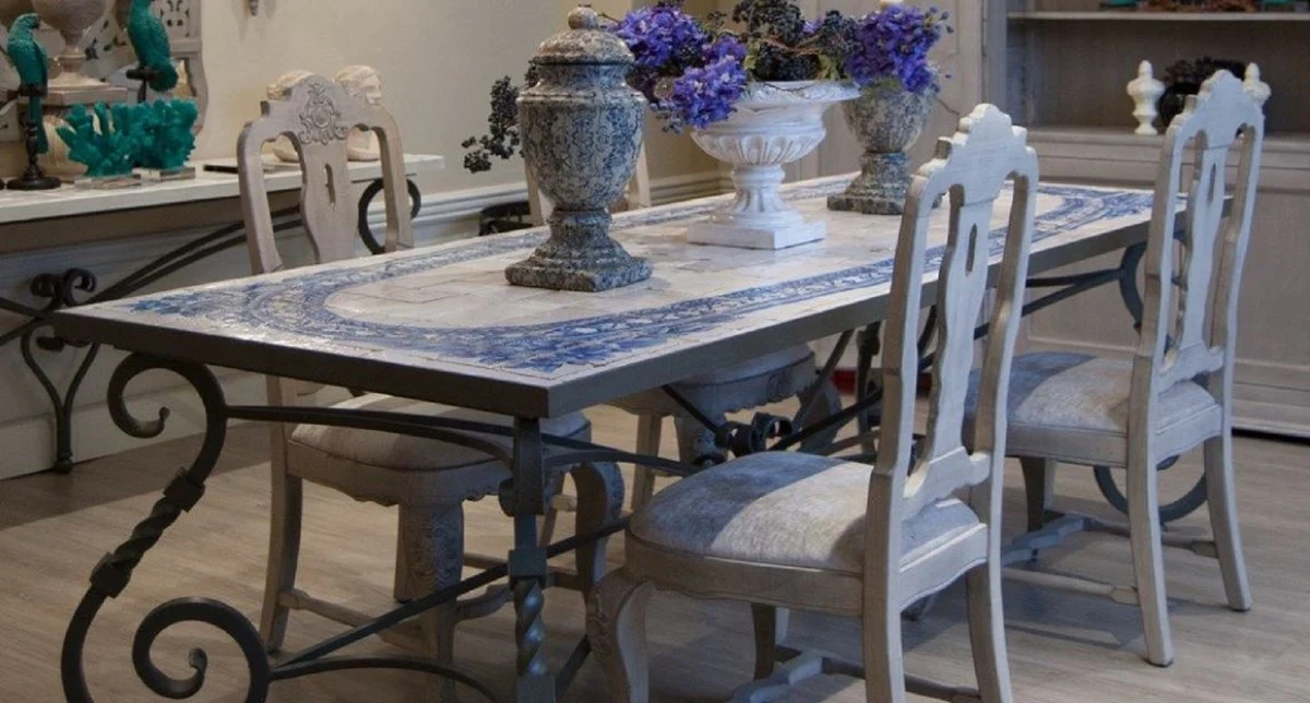 Luxus Barock Esstisch - Handgefertigter Schmiedeeisen Küchentisch mit Naturstein Mosaik Fliesen Tischplatte - Garten Tisch - Terrassen Tisch - Esszimmer Garten Terrassen Möbel