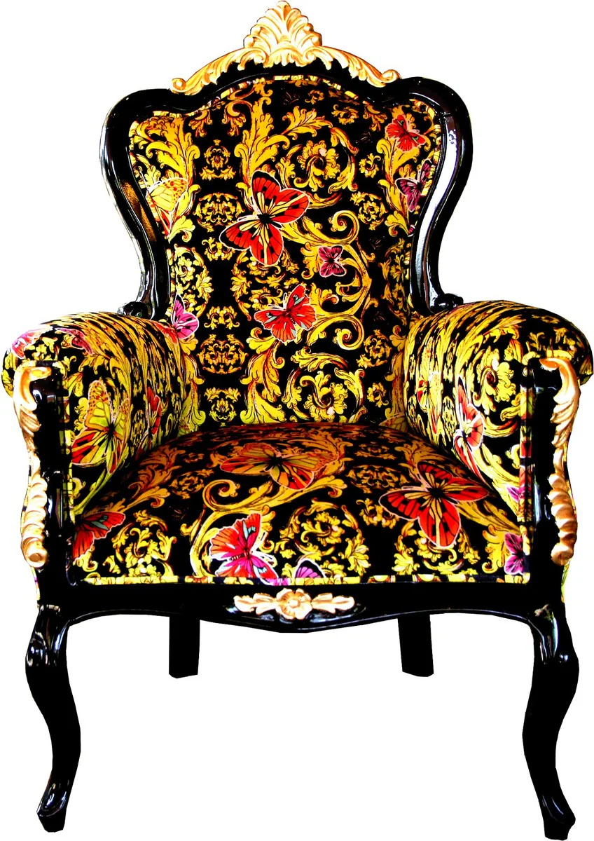 Pompöös by Luxus Barock Sessel Bergere Butterfly & Flower Design / Schwarz / Gold - Pompööser Barock Sessel designed by Harald Glööckler B!