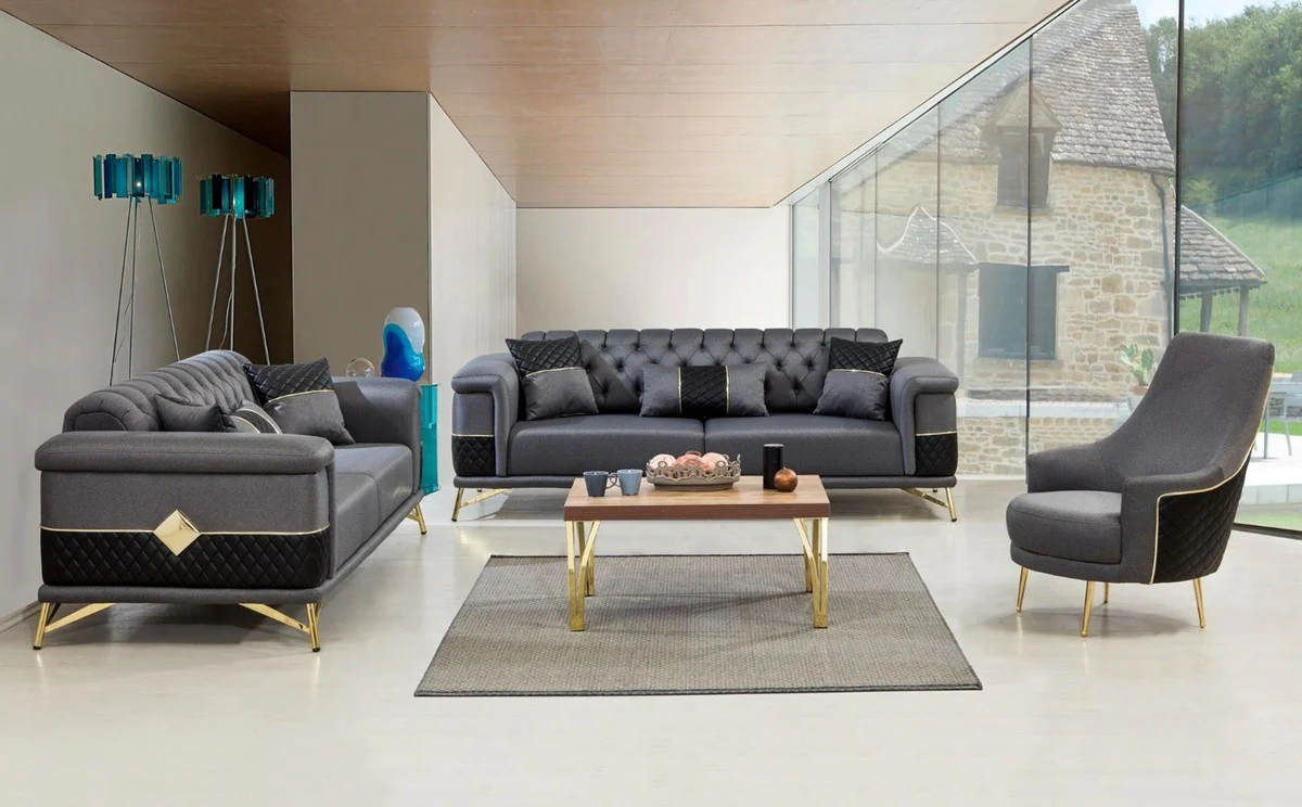 Luxus Schlafsofa Grau / Schwarz / Gold 220 x 90 x H. 80 cm - Modernes Wohnzimmer Sofa - Wohnzimmer Möbel