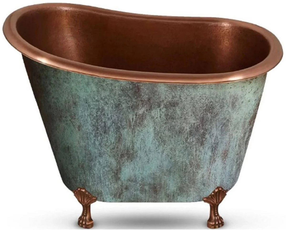 Luxus Jugendstil Kupfer Badewanne Antik Mintgrün / Kupfer 124,5 x 79,5 x H. 83,1 cm - Freistehende Retro Badewanne - Rustikale Kupfer Badezimmer Möbel