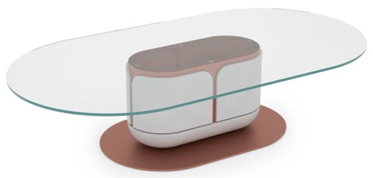 Luxus Couchtisch Weiß / Kupfer 150 x 80 x H. 40 cm - Wohnzimmertisch mit Glasplatte - Wohnzimmer Möbel - Hotel Möbel - Luxus Möbel - Luxus Einrichtung