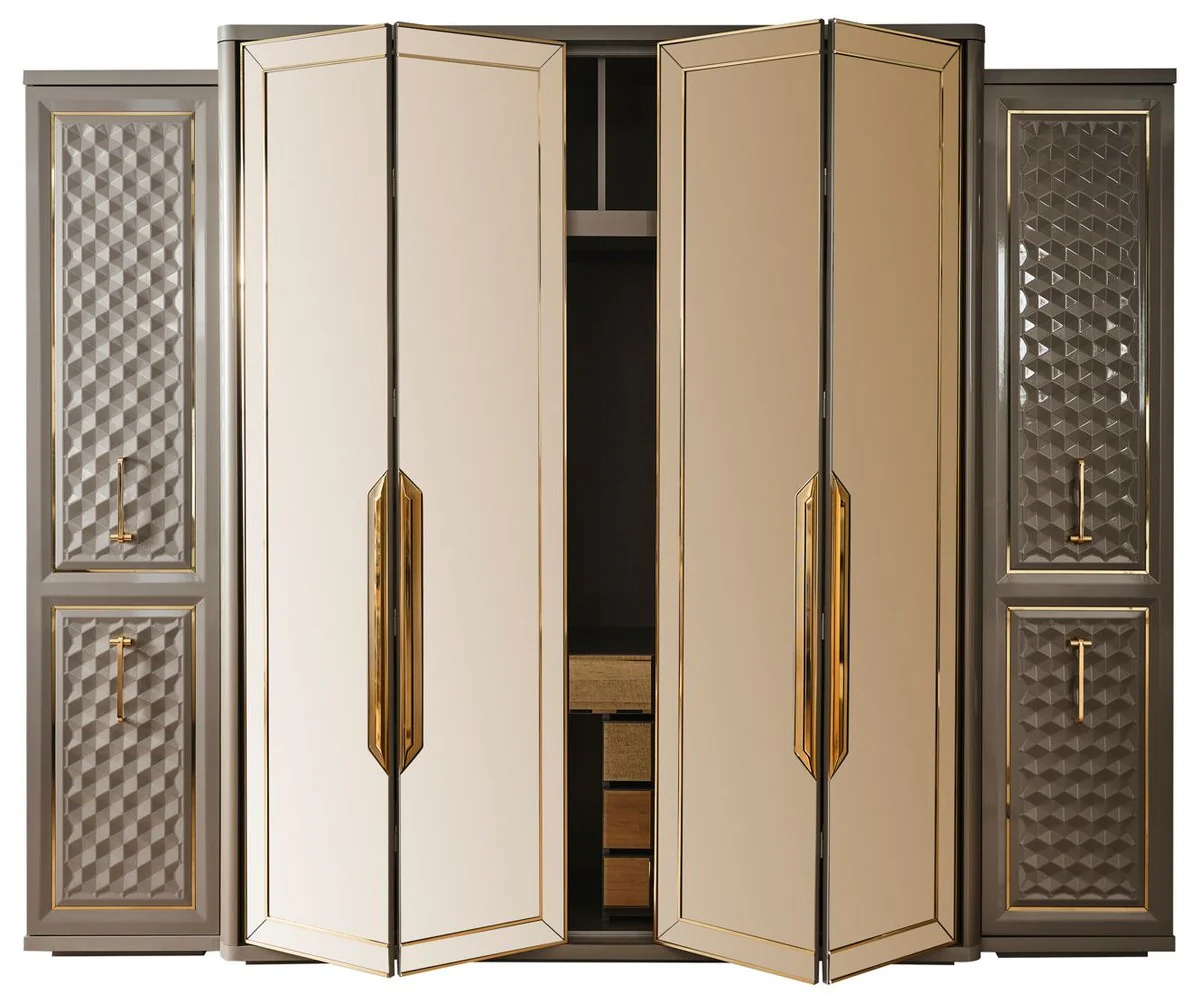 Luxus Art Deco Schlafzimmerschrank Grau / Gold 280 x 60 x H. 229 cm - Verspiegelter Kleiderschrank mit 4 Türen - Schlafzimmer Möbel - Art Deco Möbel - Luxus Möbel - Luxus Einrichtung